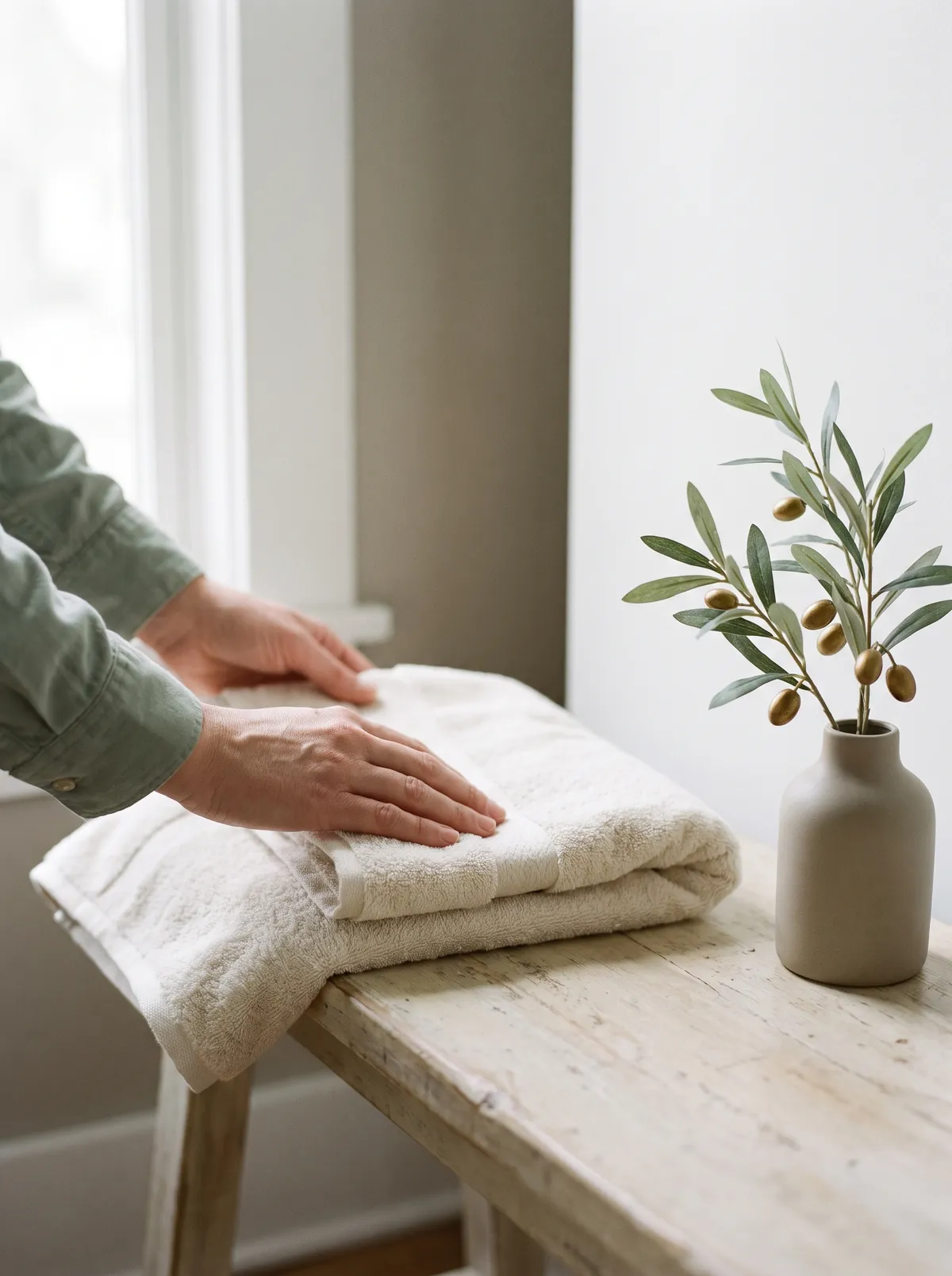 Folded towels and an olive branch in the MT Aesthetics clinic, Gwandalan